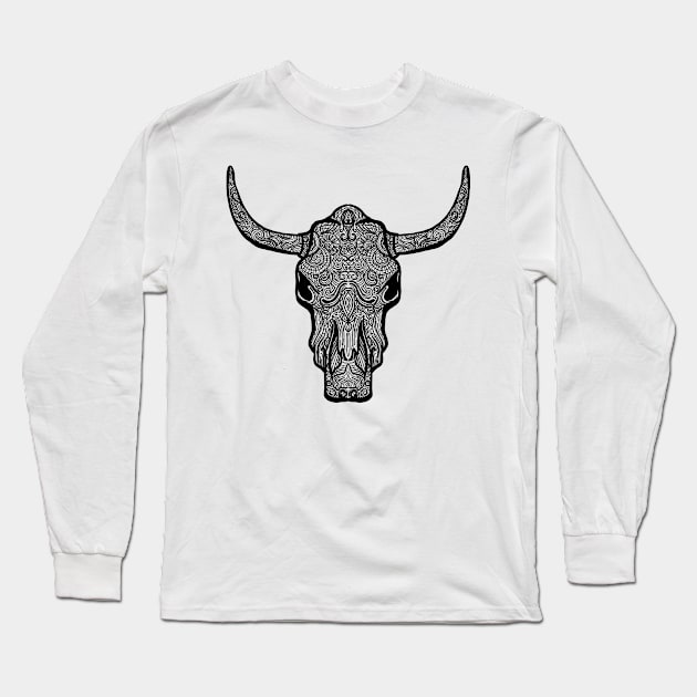 Bull skull zentangle style illustration Long Sleeve T-Shirt by JDawnInk